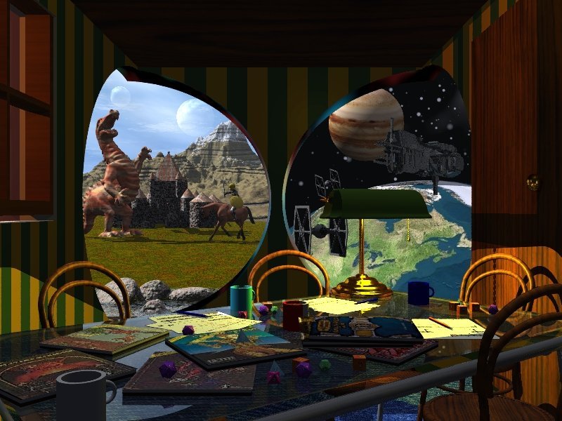 GameNight.jpg - "Game Night "Those who don't play roleplaying games will be puzzled by this one. Those who do will understand without any further preamble. The windows of the imagination open onto the shared worlds created in the minds of the GM and players in the course of the game. A copyright nod to Wizards of the Coast for the images of the D&D manual covers. And a big hurray! for Renderosity without which this would have been impossible.
