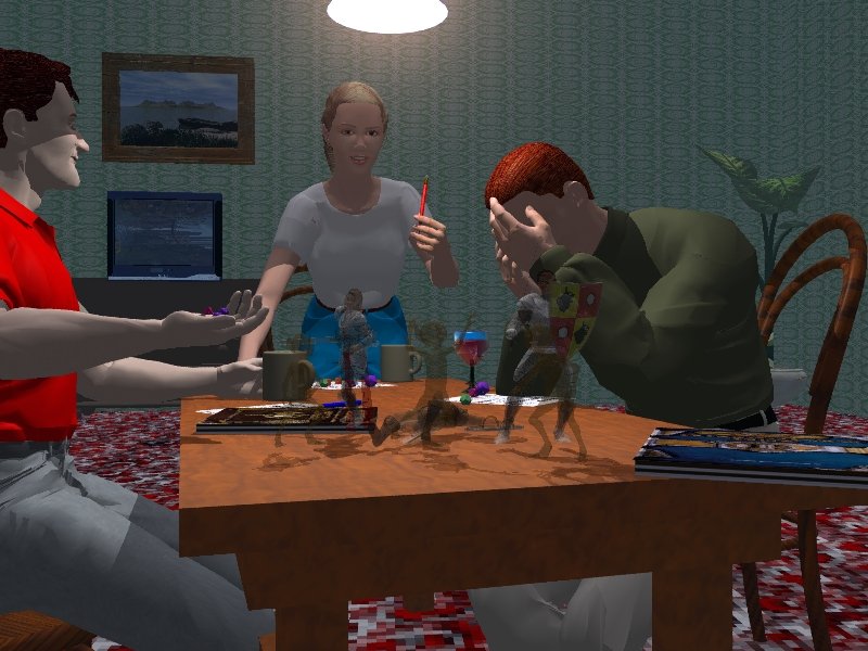 Gamers.jpg - "The Gamers "Another attempt to convey the flights of imagination involved in RPGs. Tom, Dick and Sally gather for their regular game night. Dick has just blown a dice roll really badly, and his character has paid the price. Tom is preparing the throw the dice and decide his fate, while Sally has had an idea for something clever she wishes to do!