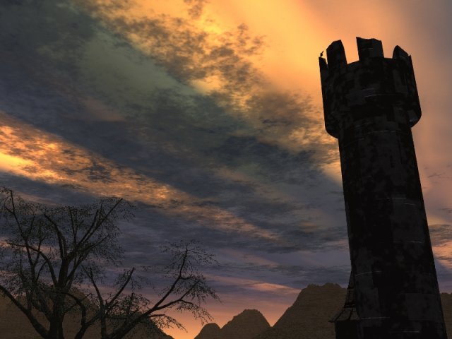 BurnedTower.jpg - "Burned Tower" A burned-out watchtower on the borders of Gloiran. A very early Alair scene.