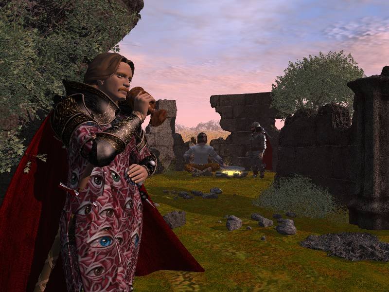 Dalbin.jpg - "The Ruins of Dalbin"Surya of Tellare, Hansen the bard and Hildraft breakfast in the ruins of Dalbin prior to foraying into Orc-land. Surya broods.