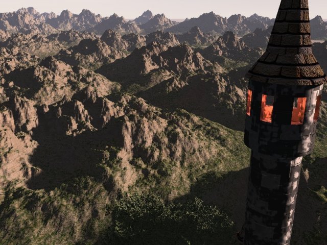 DwarfTower.jpg - "Dwarf Tower"  A view of a similar tower, with the surrounding landscape. One of my earliest pieces, the first ever with Boolean Subtractions (that's "making holes in solid objects") and still one of my favourites.