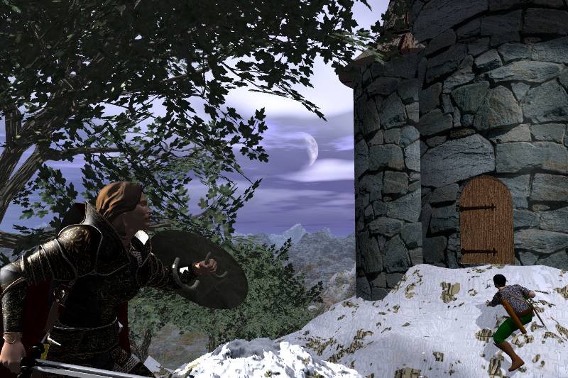 DwarfTower2b.jpg - "Dwarf Tower 2" Sack and Surya approach a dwarven watchtower in the Erean mountains with considerable caution. A scene from the Alair campaign.