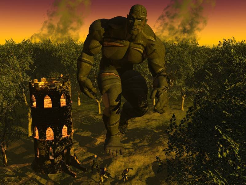 ElfHammer.jpg - "The Elf Hammer"Skufruss Lord of Dragons' reaction to a supposed letter from the High King of the Elves demainding he surrender Varkar Barduric's treasure; the Elf Hammer, a titanic construct unleashed on the elven city of Belamir.It did enormous damage in the marches before being stopped by the Firstborn for their own reasons.