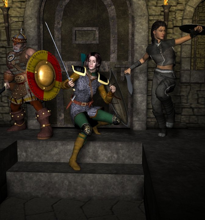 NewGroupRender.jpg - "Animir's Party" Animir was given a makeover - new haircut, kneepads, sword and face texture -  for the kickoff of a new campaign, as were her trusty comrades Thorkil and Zada.