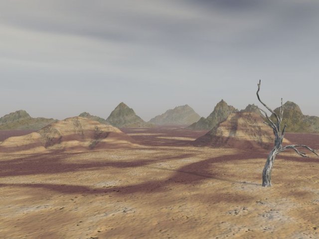 hillocksinthedesolation2.jpg - "Hillocks in the Desolation"This was my first ever rendered scene. Doesn't look much, but it looked reasonably like the scene I was trying to describe in the game at the time, and I was so chuffed. The beginning of a serious obsession :) 