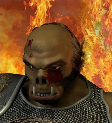 Bloodied.jpg - "Gorfang Bloodied" Early experiments with masked bloodstains onto skin textures via Paint Shop Pro. The background just looked good.