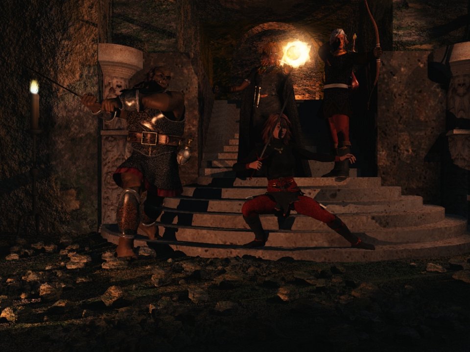 GroupOGL-2.jpg - "Alair Returns Group OGL 2"A revised and patched version of the first draft of this; mainly to remove characters' legs from the floor and update the lighting and rubble. 