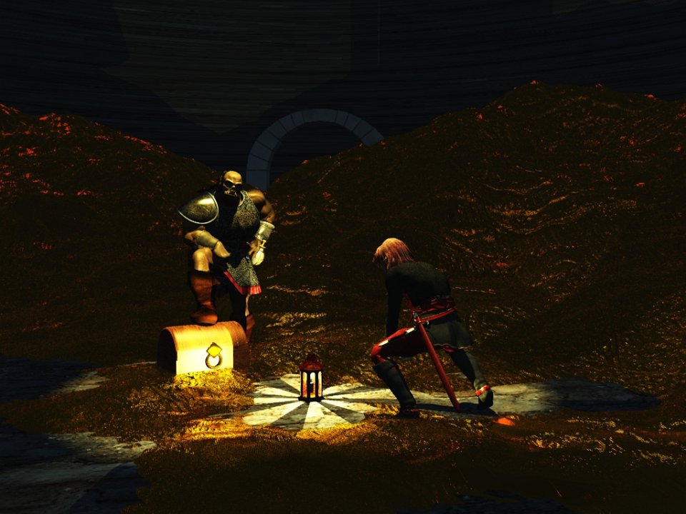 RobbingSetramLair.jpg - "Robbing Setram"Gorfang and Lynien return by stealth and burgle Setram's lair while he's not there. A scene from the Alair Returns campaign.