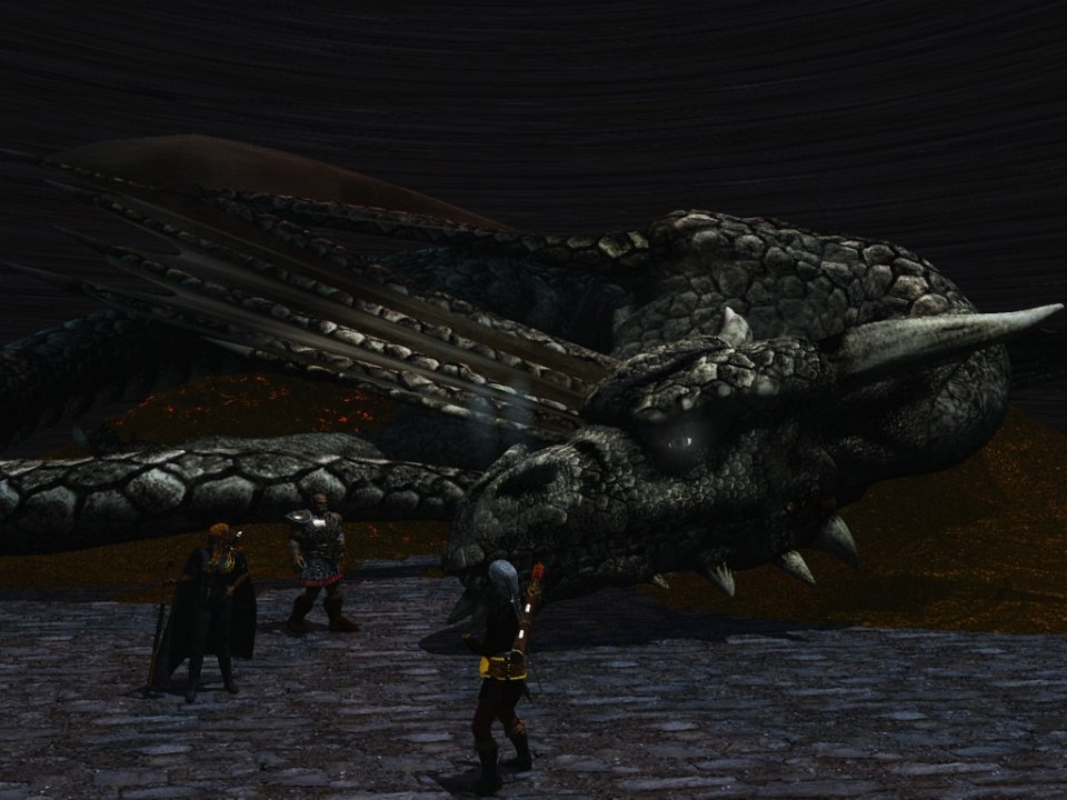 SetramLair.jpg - "Setram's Lair"A scene from the Alair Returns campaign. Gorfang, Méabh and Eloy meet the dragon Setram in his lair under the ruined city of Amberlan.