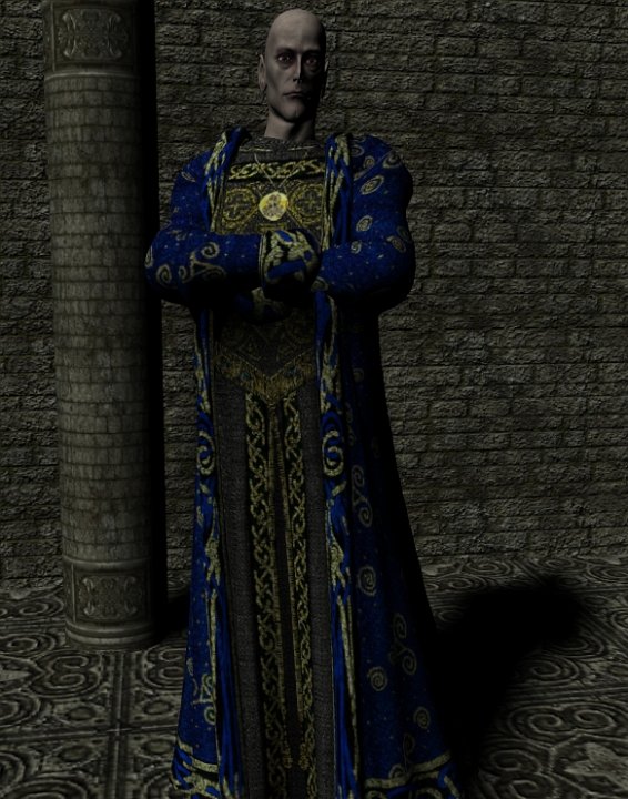SkufrussM3Render.jpg - "Skufruss M3"Skufruss of the Kin, Lord of Dragons, is a major NPC from both the Alair and the Alair Returns campaigns. I modelled him before, for the earlier campaign, but technology has moved on and I rebuilt him from the ground up. The intention was to make him even more gaunt, threatening and powerful-looking, and I'm fairly pleased with the results. 