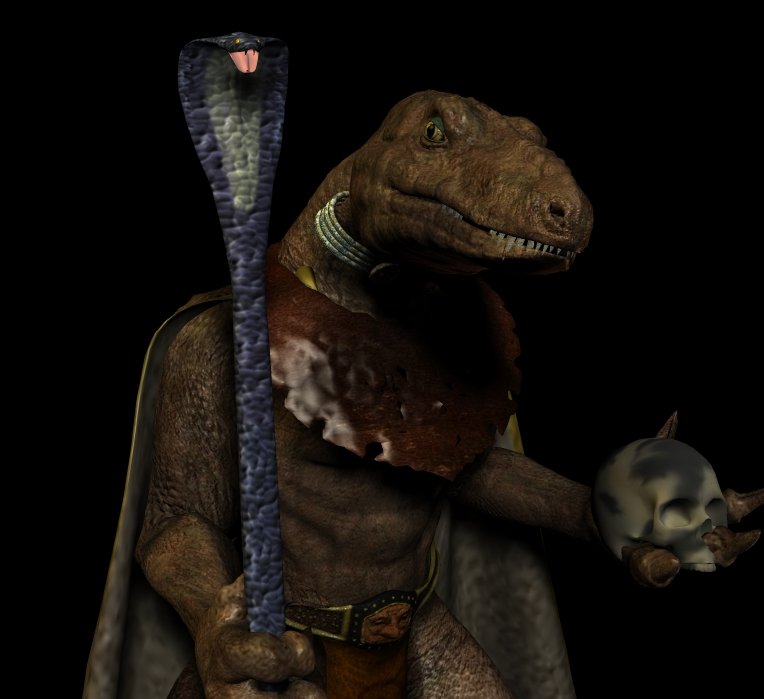 YassukhirRender.jpg - "Yassukhir" The lizardman shaman of the Fionath tribe, and guardian of the magical green pyramid which could heal and even raise the dead. Needless to say he didn't survive once the player characters arrived!