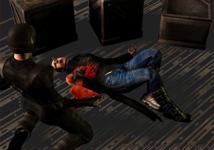 Armless2.jpg - Gripper reflects on the unwise approach of going head-on with a tyrannosaur while Martha tries to patch him up. A scene from the  Prison Pit  campaign.