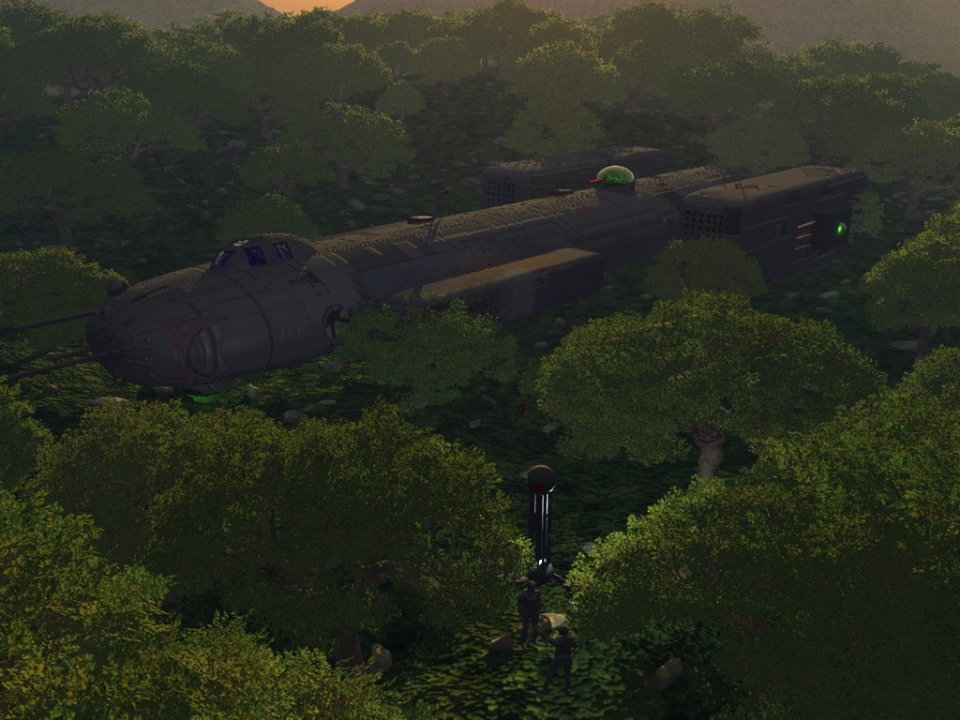 CE-Forest.jpg - "CE Forest"A Gazelle class close escort, landed in a forest and with her crew setting up some kind of equipment. A Traveller picture, but not from any specific campaign.