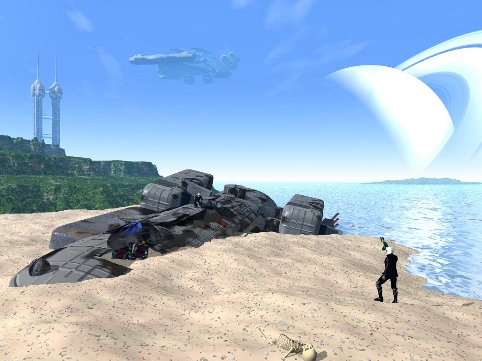 Shipwreck.jpg - "Shipwreck"Just sat down one day and decided to create an image of a Close Escort crashed somewhere exotic and some characters exploring the wreckage.  That sea's not made of water, is it? It also doesn't look like the crew made it out alive