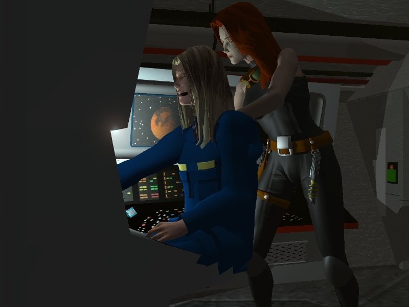 Team.jpg - "Teamwork"Cassandra Claybrugh and Tamara Avalon join forces to sift through the enormous data and comms traffic flowing through the Bremerton system for traces of the Ultramarine conspiracy.Tamara is a character figure created (by Jon Malis I think) for Mara Jade of Star Wars, while the consoles are actually bridge panels from NCC 1701 Enterprise... Hey, you use what you got. 