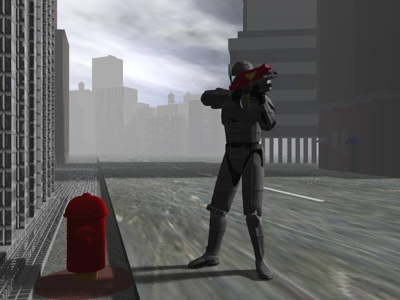 TestFire.jpg - "Test Firing "Uriah test fires the Ultramarine bolt rifle in the deserted streets of a city on Sirnoth. The party's first experience of a SLAMM round, it was a bit of an eye-opener. 