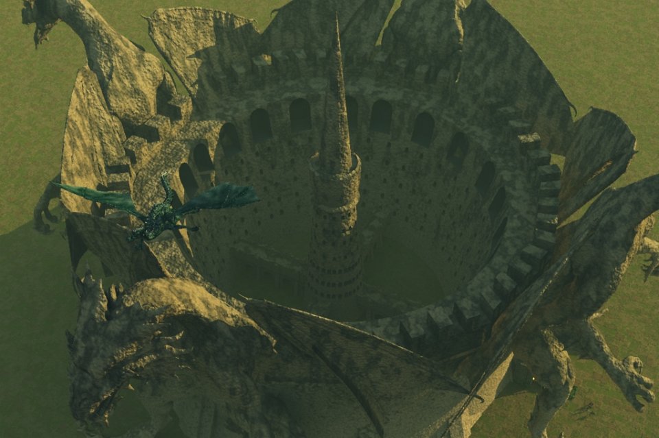 SkyCam-A2b.jpg - Dragon's eye view, including the Temple of Jarik in the middle, the training grounds at the base, the dragonweyrs at the inner top, and (around 2 o'clock) three human-sized figures. Yes, the place is rather big.