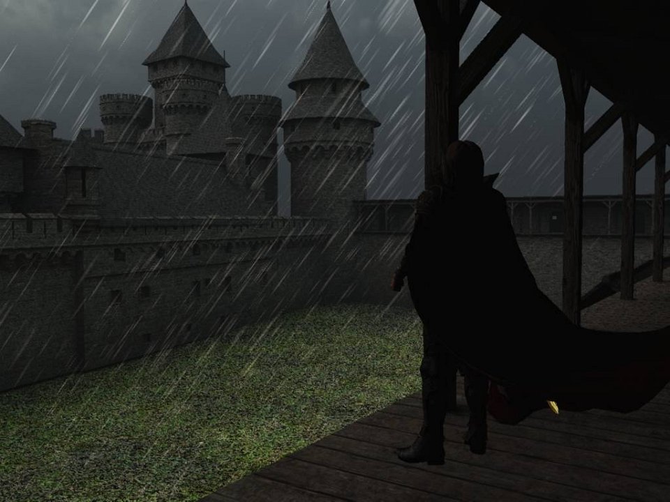 Reital5-rain.jpg - "Outer Ward in the rain"A slightly more presentable shot, across the Outer Ward - scene of tournaments, training, and the famous encounter between Hildraft and an annoyed dragon. A nice angsty rain feel, may have overdone the gorgeous volumetric lighting effects though as it took three hours to render this one!