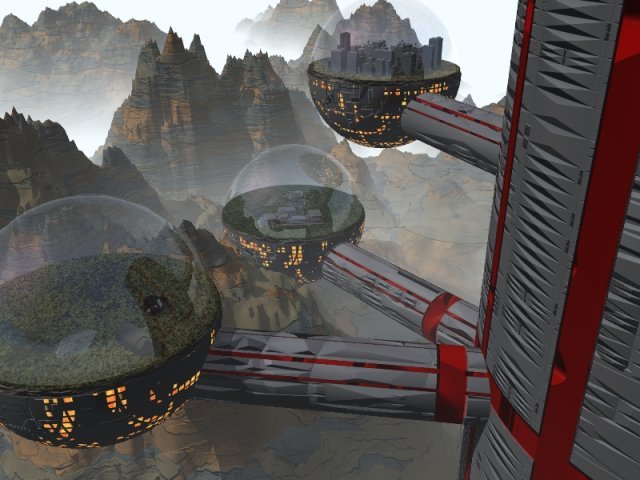 HighCity.jpg - "High City "A modular city, built on a mountain on a world with a low-lying corrosive atmosphere. Islands of sweet habitability in a barren landscape.Inspired by a similar work by some other 3d artist, this is not an original concept, I just wanted to see if I could produce something similar.