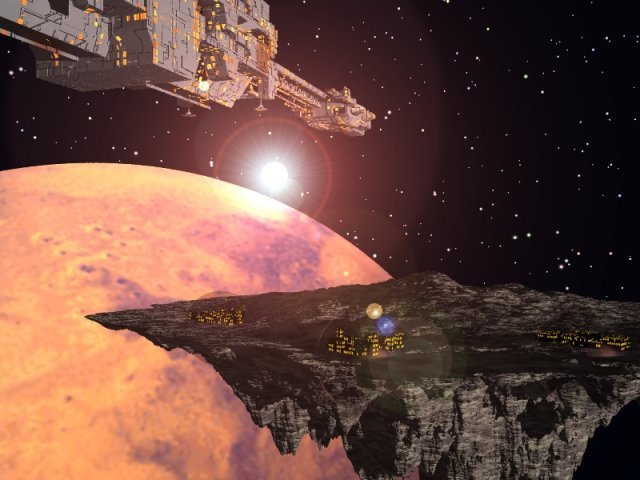 PieceofGround.jpg - "A Piece of Ground"An orbital city, set on a loose mountain from somwhere; a cruiser approaches.